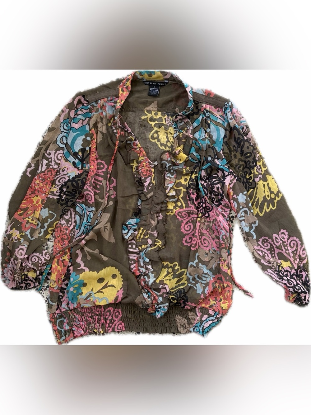 Antilia Femme Olive Brown Sheer Floral Ruffle Blouse
